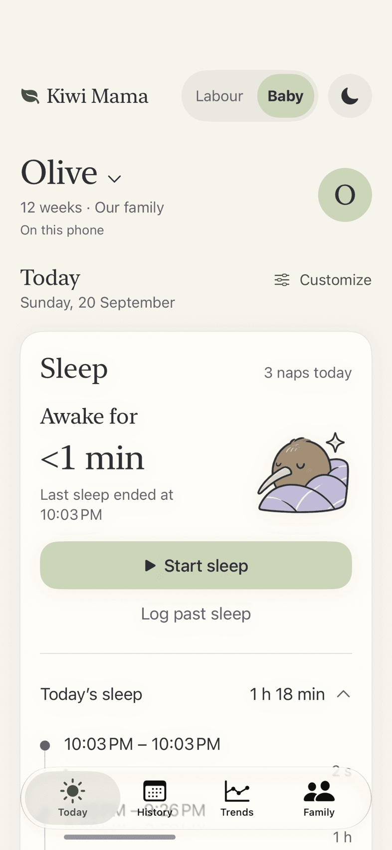 Kiwi Mama Today screen with an illustrated sleep card